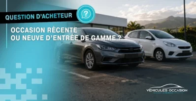 Une voiture d'occasion récente et une voiture neuve d'entrée de gamme côte à côte devant une concession à La Réunion